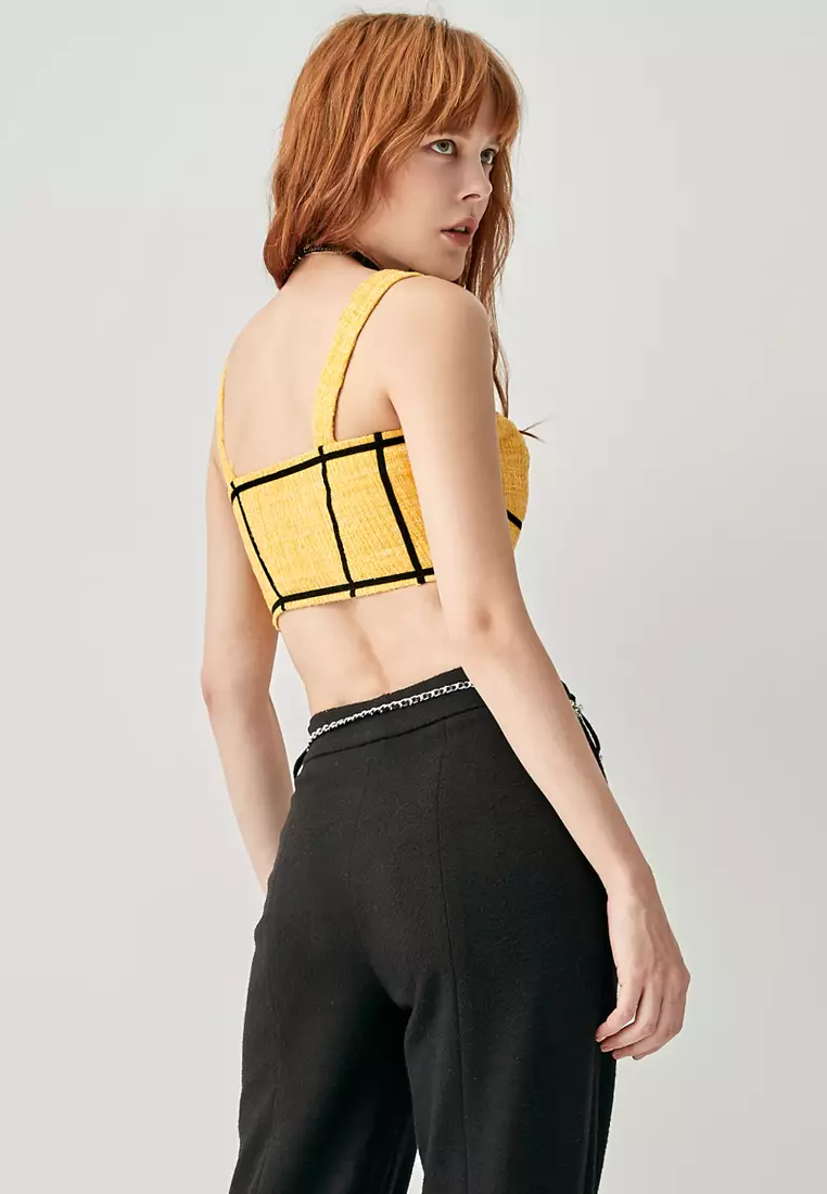 Yellow Crop Tweed Tank Top With Contrast Detail