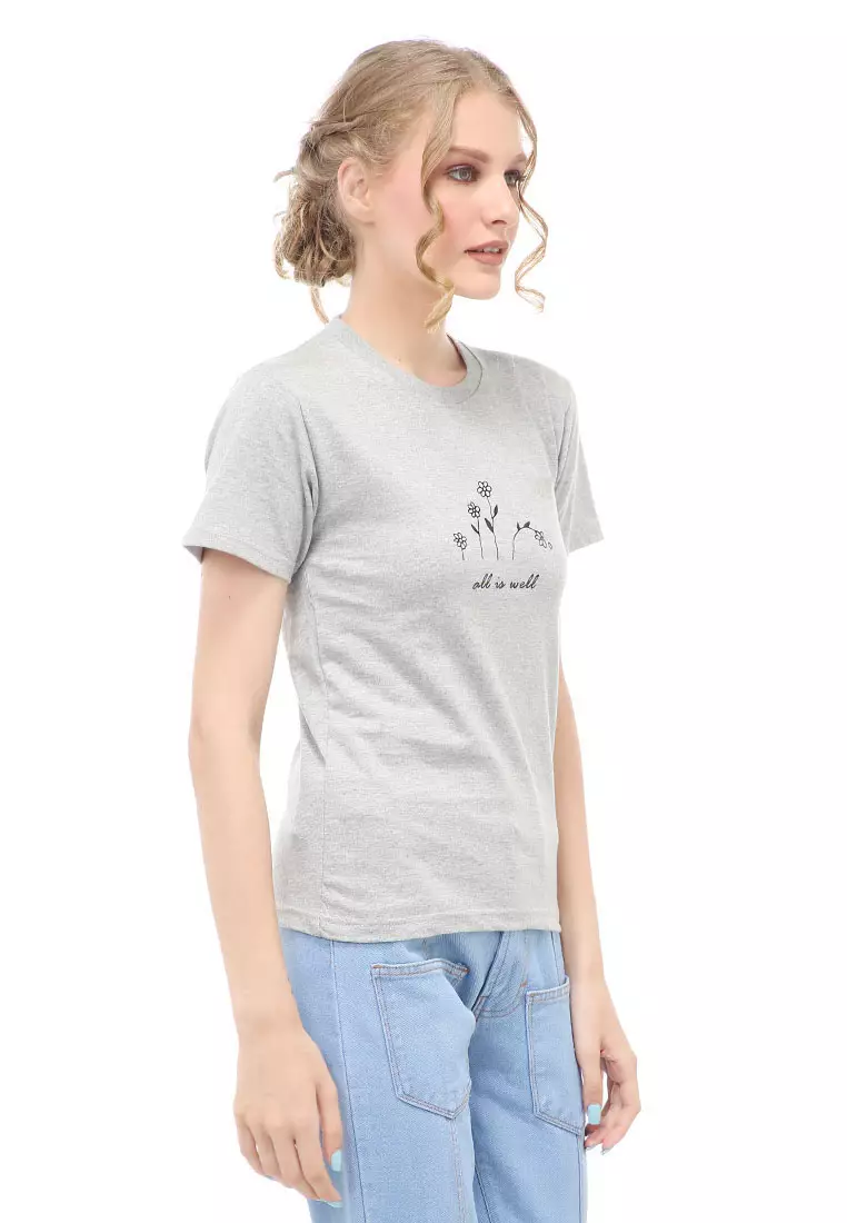 Genevie T-Shirt Kaos Kasual Wanita All Is Well Short Sleeve Material Cotton Combed ORIGINAL - Light Misty