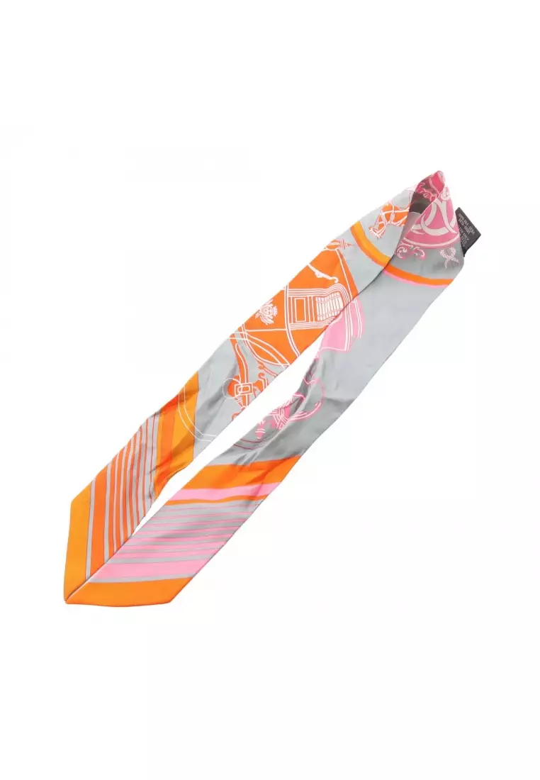 Pre-Loved Hermès twilly EX-LIBRIS ribbon scarf silk gray orange pink