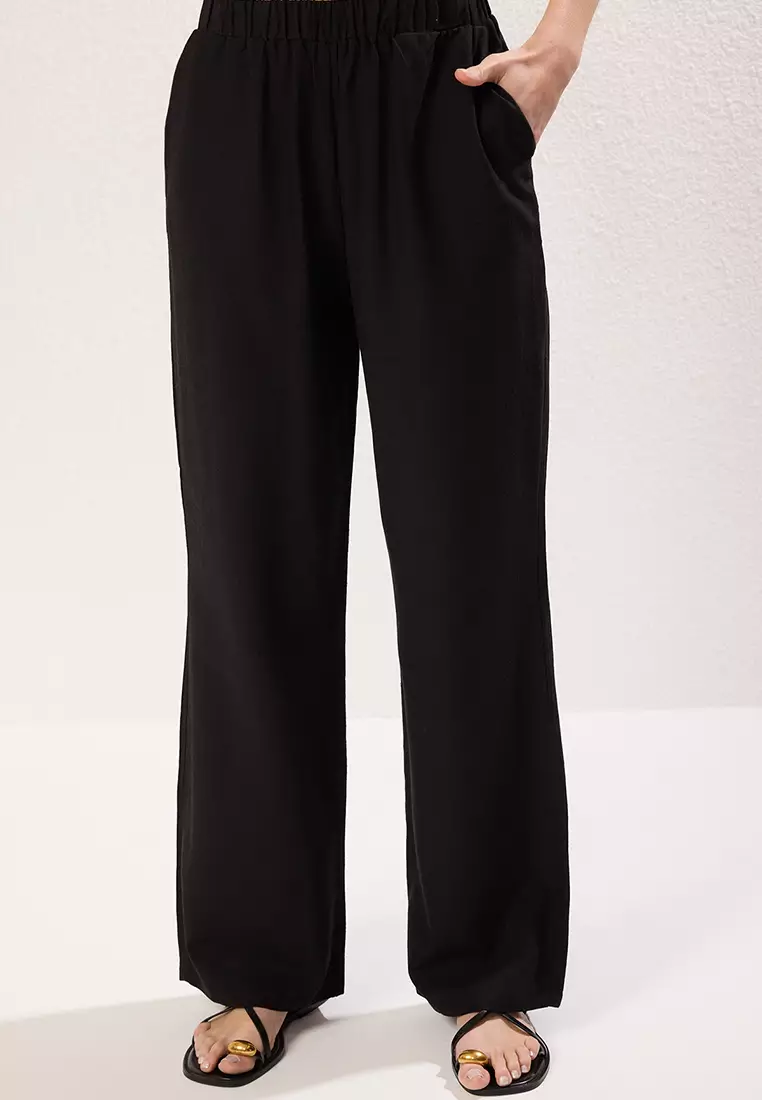 Black Linen Look Crew Neck Blouse Trousers Woven Top Bottom Set