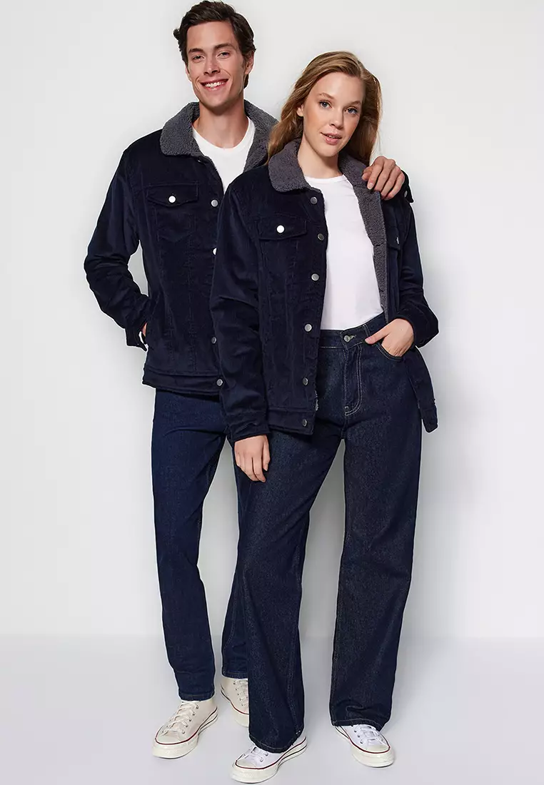 Navy Blue Unisex Regular Fit Plush Velvet Winter Coat