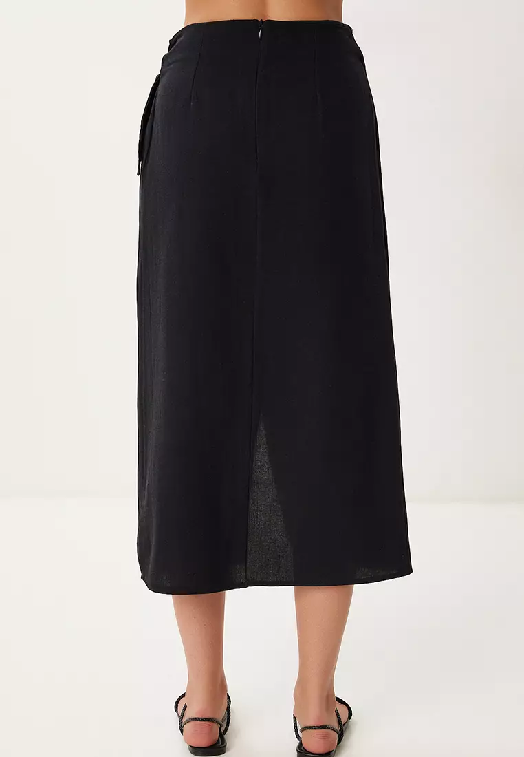 Women's Black Asymmetrical Linen Skirt With Tie Detail Bv00132