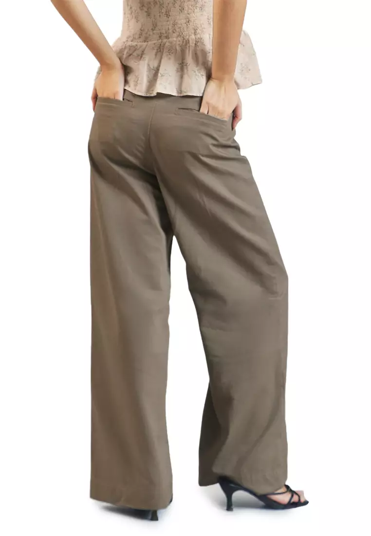 Twill Wide Leg  Pants with  Front Seam  and Pockets