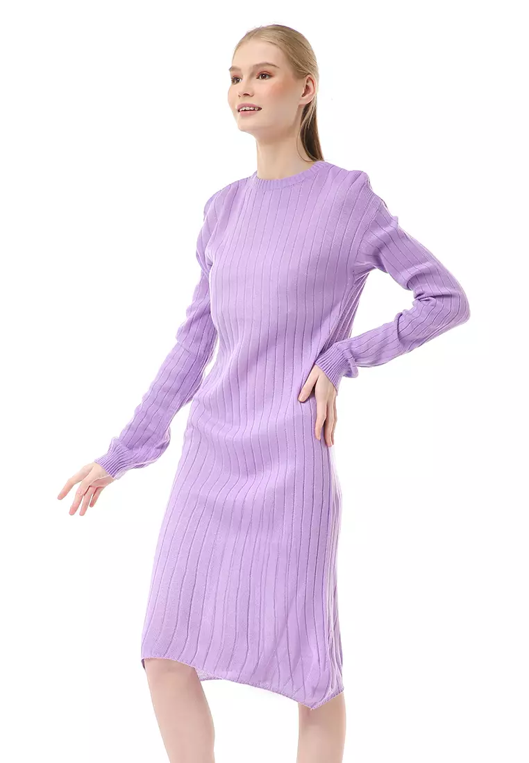 Adela Dress Rajut Tunik Wanita Motif Polos Long Sleeve Relaxed Fit - Lilac