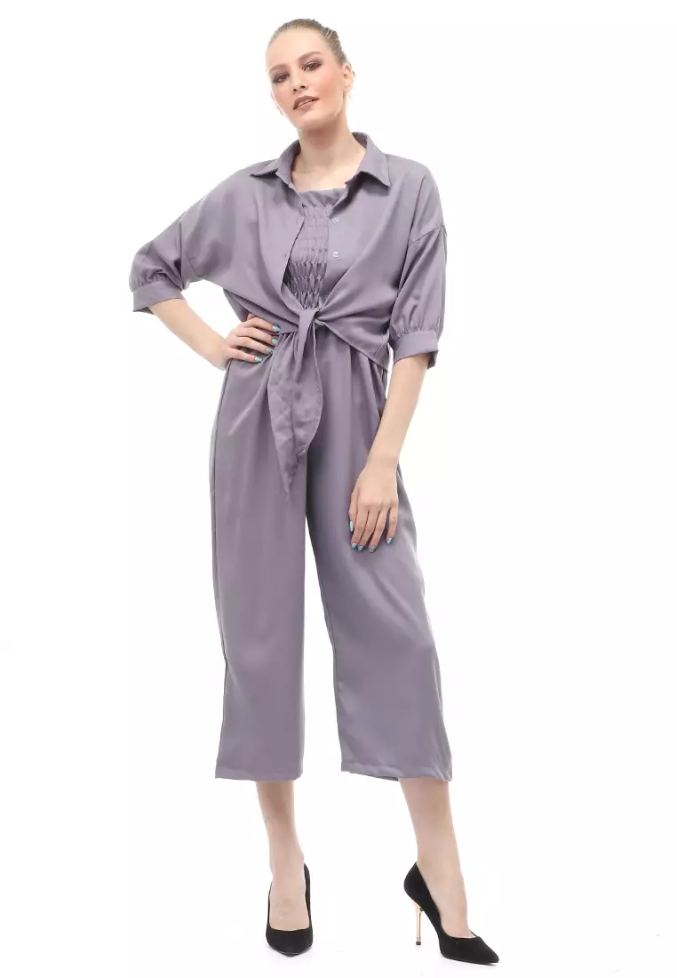 Jumpsuit Wanita Casual Motif Solid Setelan Relaxed Fit - Abu