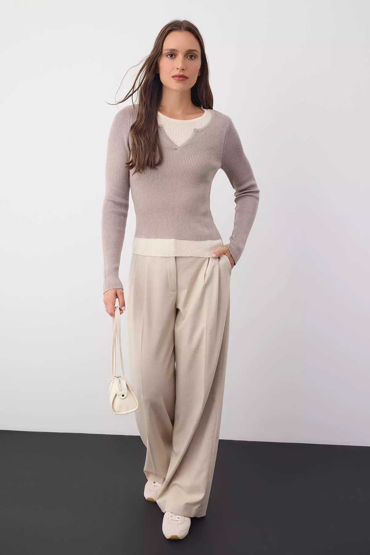 Wardrobe Essentials Beige Interlocking Look Knitwear Blouse-Sweater |