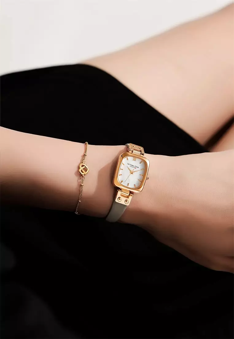 Vivian 22×26mm女士手表 皮革表帶 長方形天然貝母表盤 優雅經典-灰色