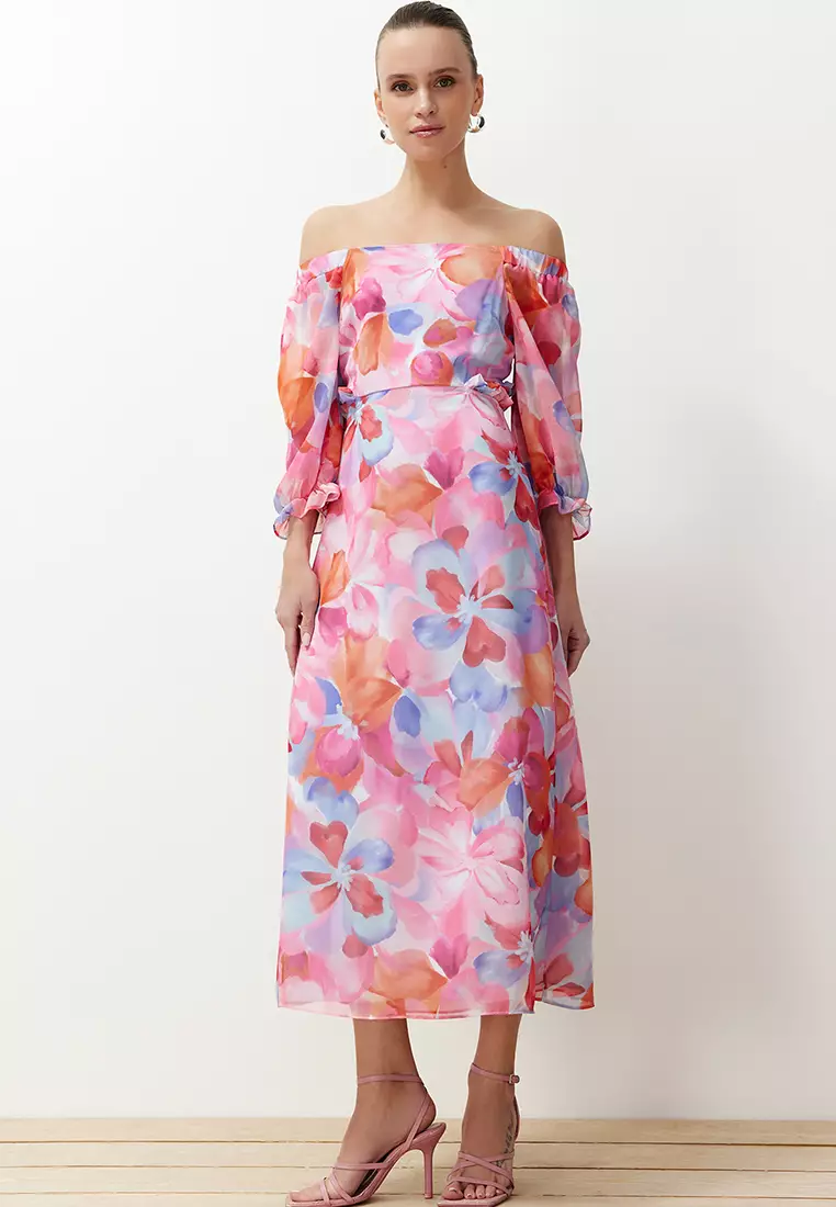 Pink Floral Patterned A-Line Carmen Collar Chiffon Lined Maxi Woven Dress