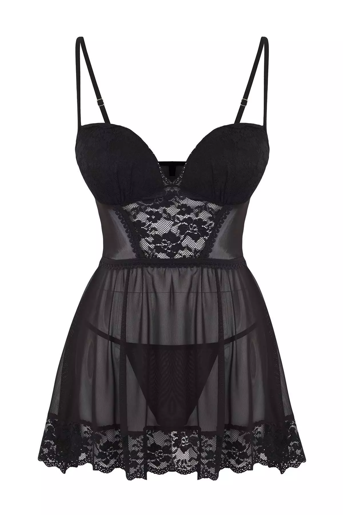 Black Lace And Stripe Detailed Tulle Covered Pantyhose Babydoll/Fantasy Nightgown Thmaw26Cy00002