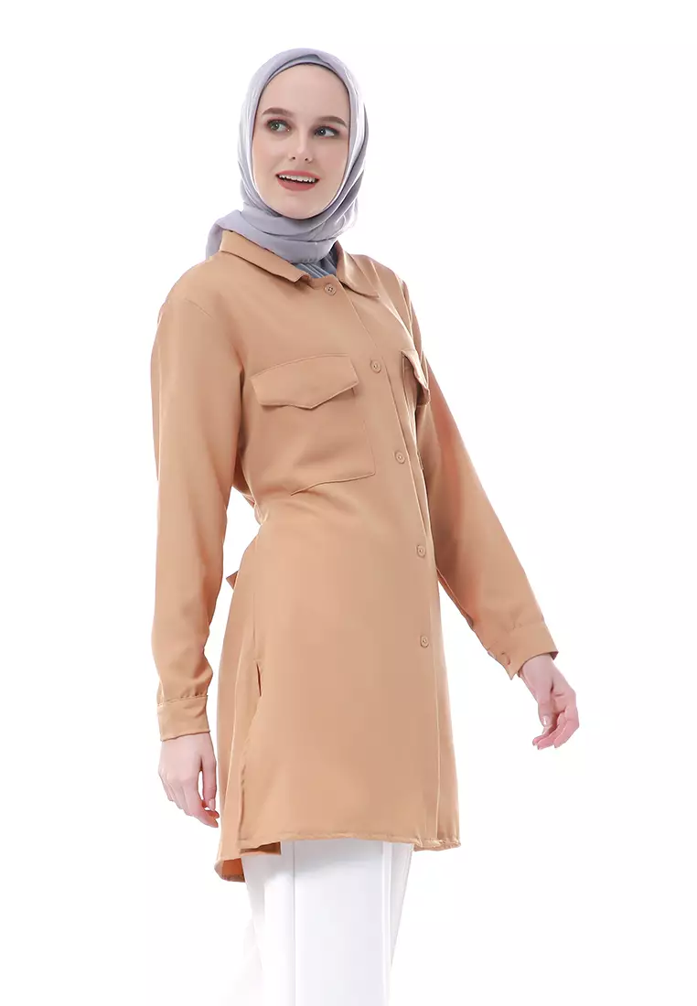 Babyla Long Tunik Pakaian Atasan Muslimah Wanita Motif Polos - Mocca