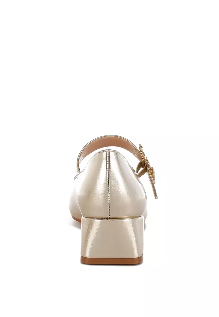 Diamante Brooch Metallic Mary Jane Pumps In Gold
