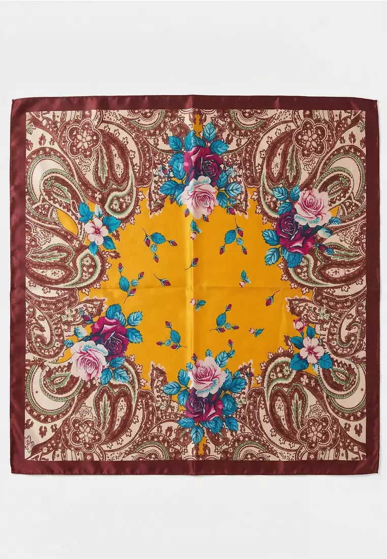 Aksesoris Scarf Segi Empat Floral Rosa Poly-Satin Square Scarf Yellow, Brown & Multi