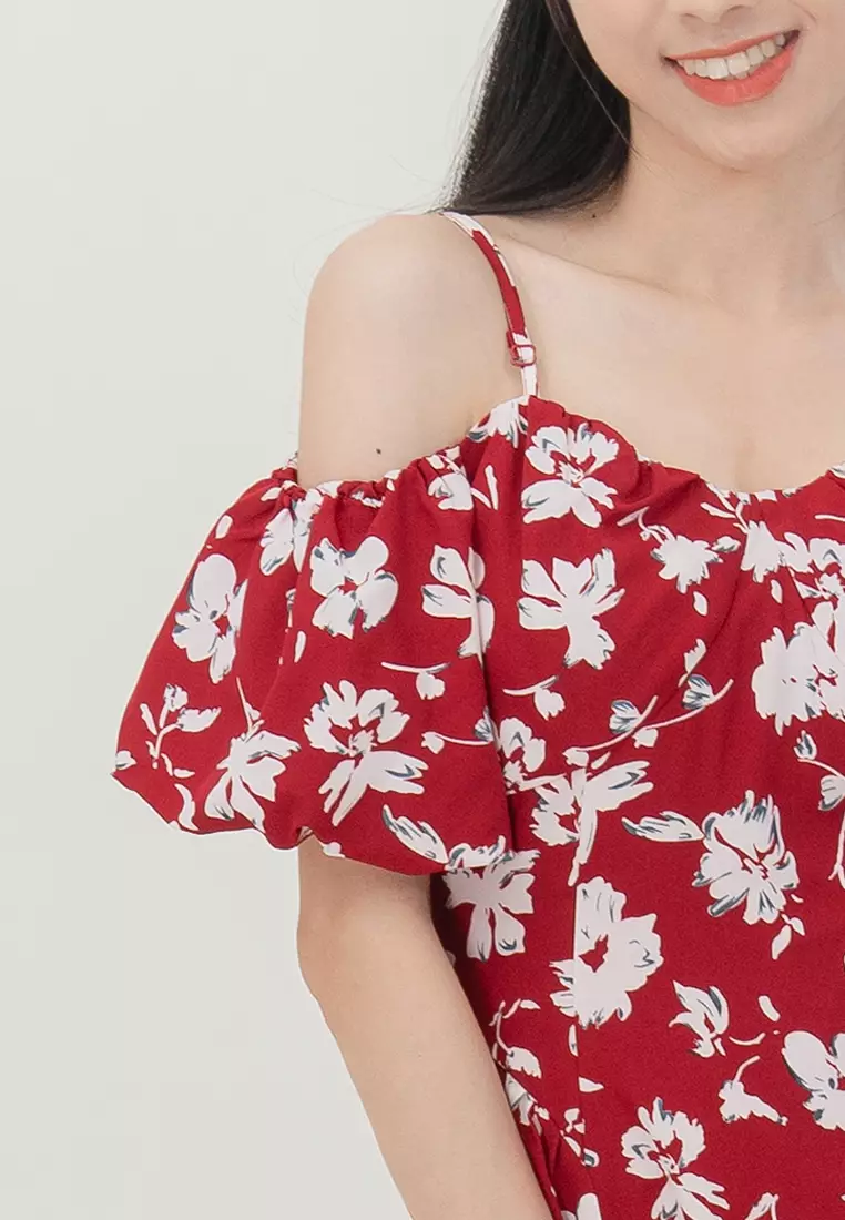 露肩花卉中长裙