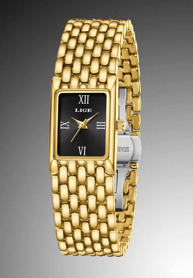 Ladies Rectangular Quartz Watch, 29X20mm, IP Gold Color Stainless Steel, Metal Bracelet