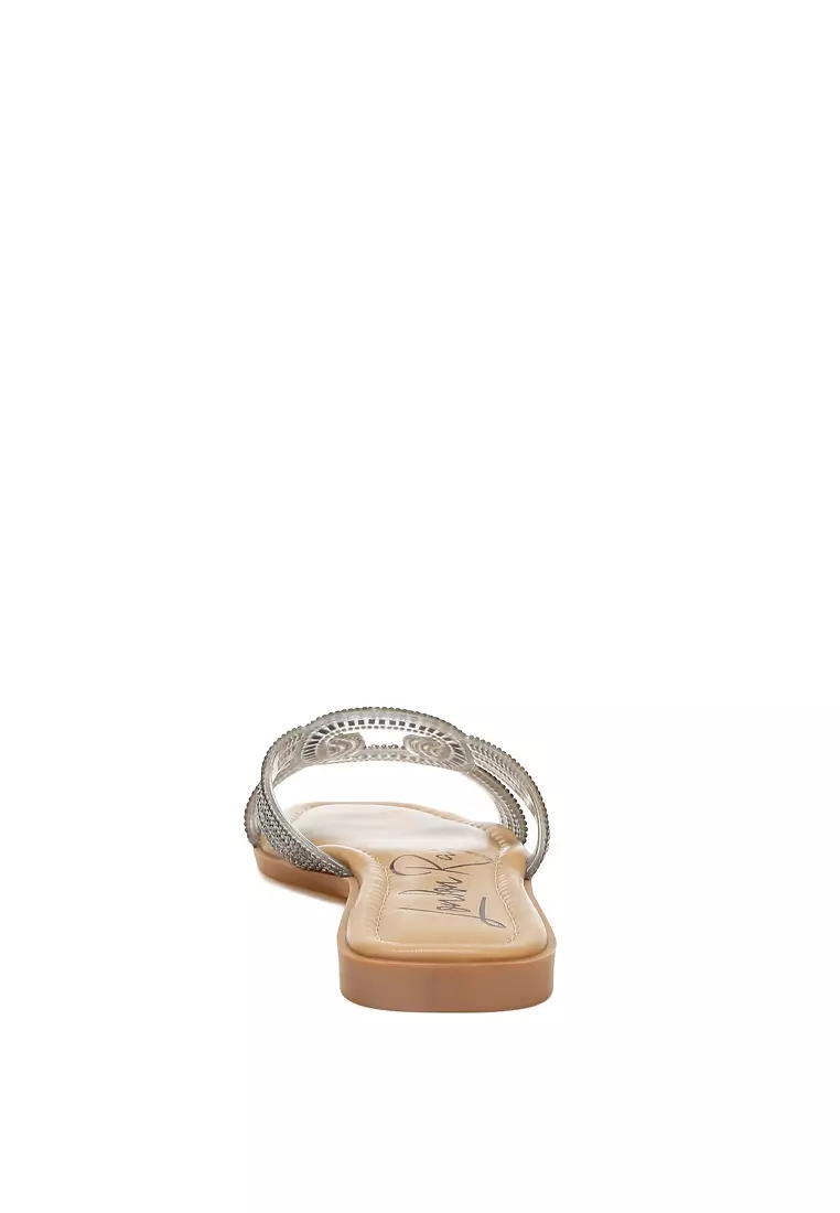 黑色水鑽裝飾平底涼鞋