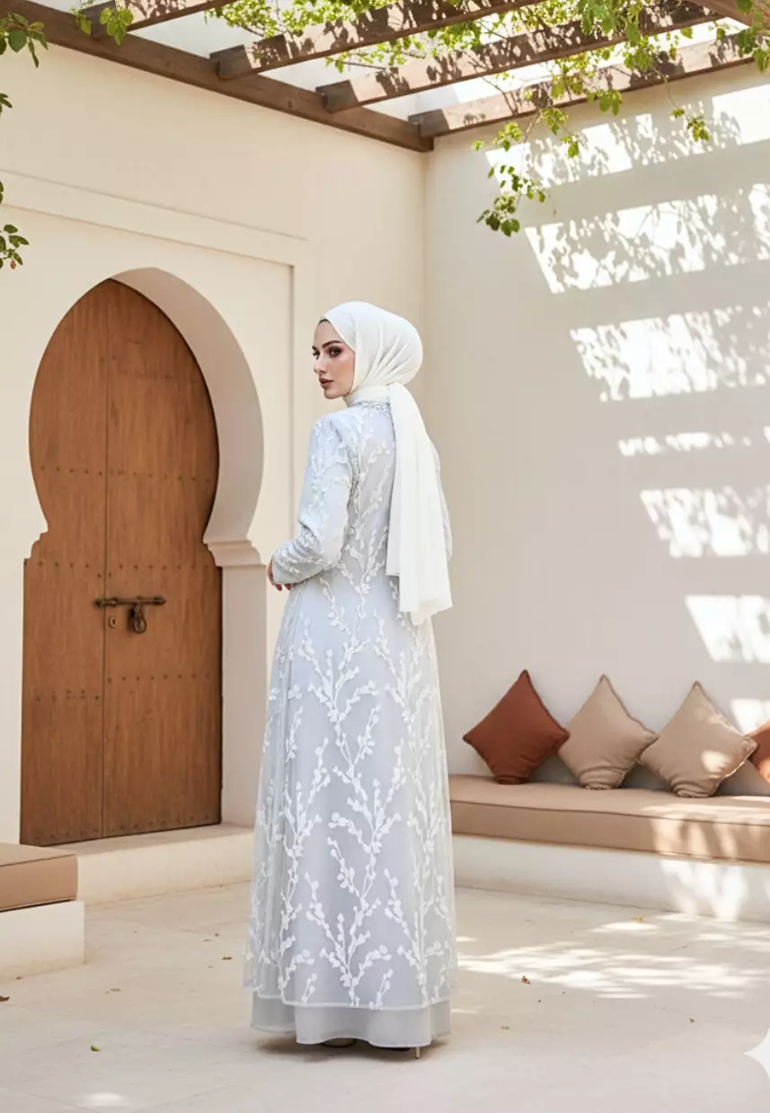 Dress Muslimah Lace Bordir Floral Premium Warna Putih Dan Mint– Tampil Anggun & Exclusive By Brilliant Girl Warna HIJAUMINT