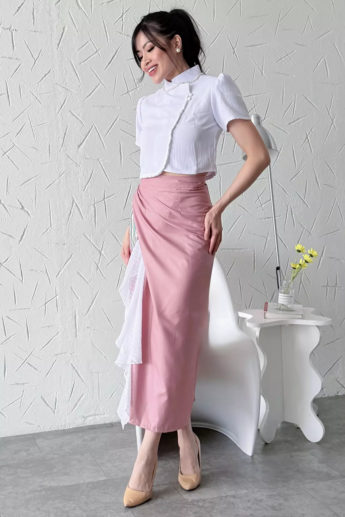 Andhika Frills Batik Seruni Lilit Skirt Blush Tulle Sarong Rok Lilit Batik