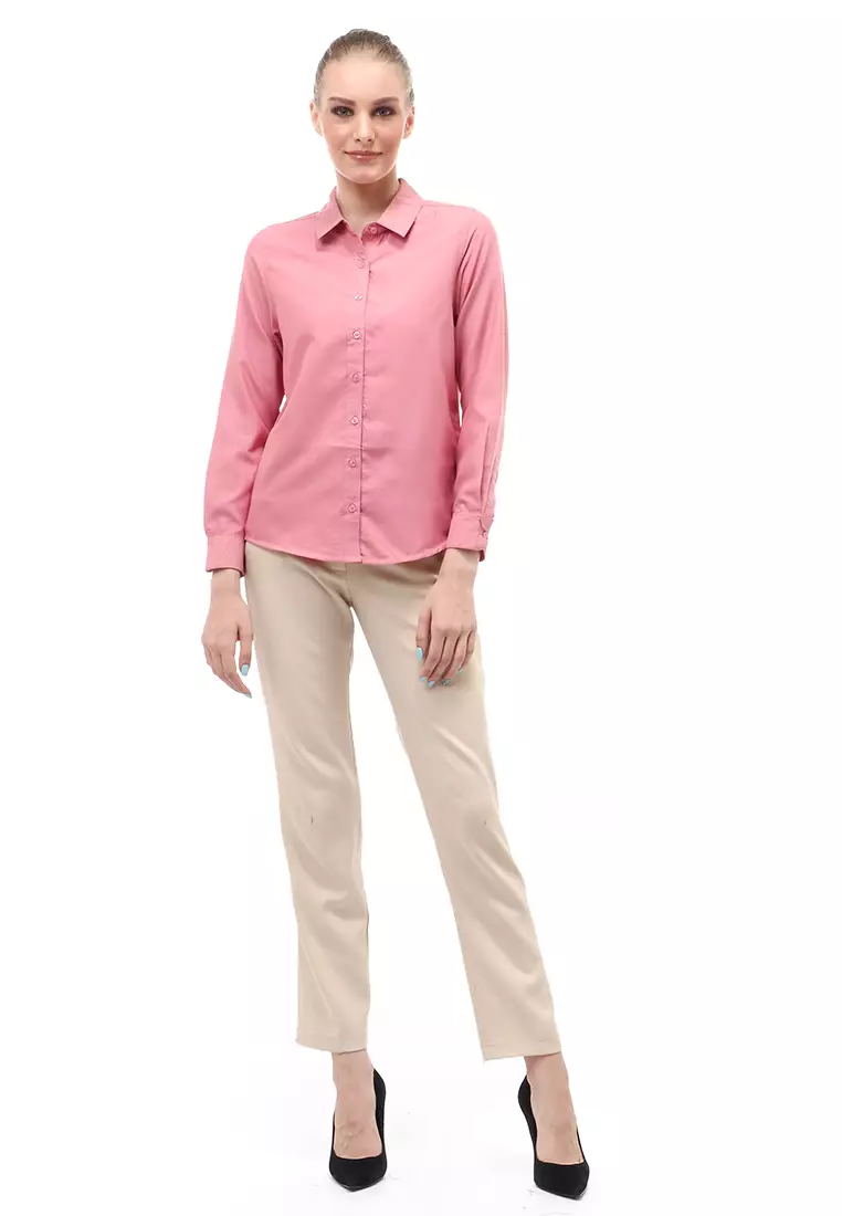 Kemeja Long Sleeves Atasan Wanita Motif Solid Shirt - Pink