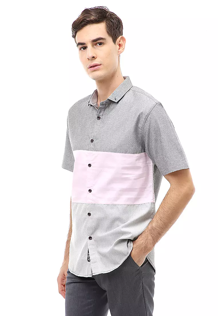 Dwan Atasan Kasual Kemeja Pria Lengan Pendek Combinasi 3 Warna Material Cotton ORIGINAL - Gray White