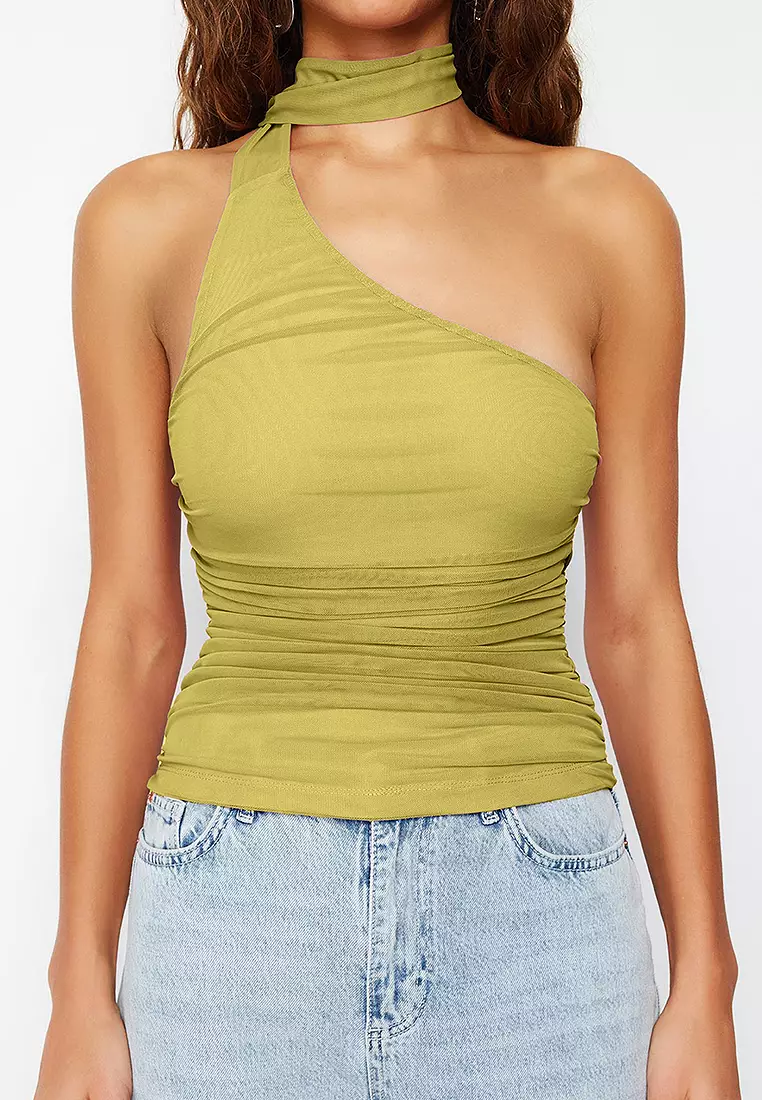 Oil Green Halter Neck Pleated Lined Flexible Knit Blouse