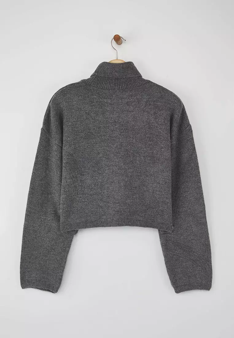 Wardrobe Essentials Anthracite Wide-Cut Soft-Textured Crop/Short Knit Sweater |