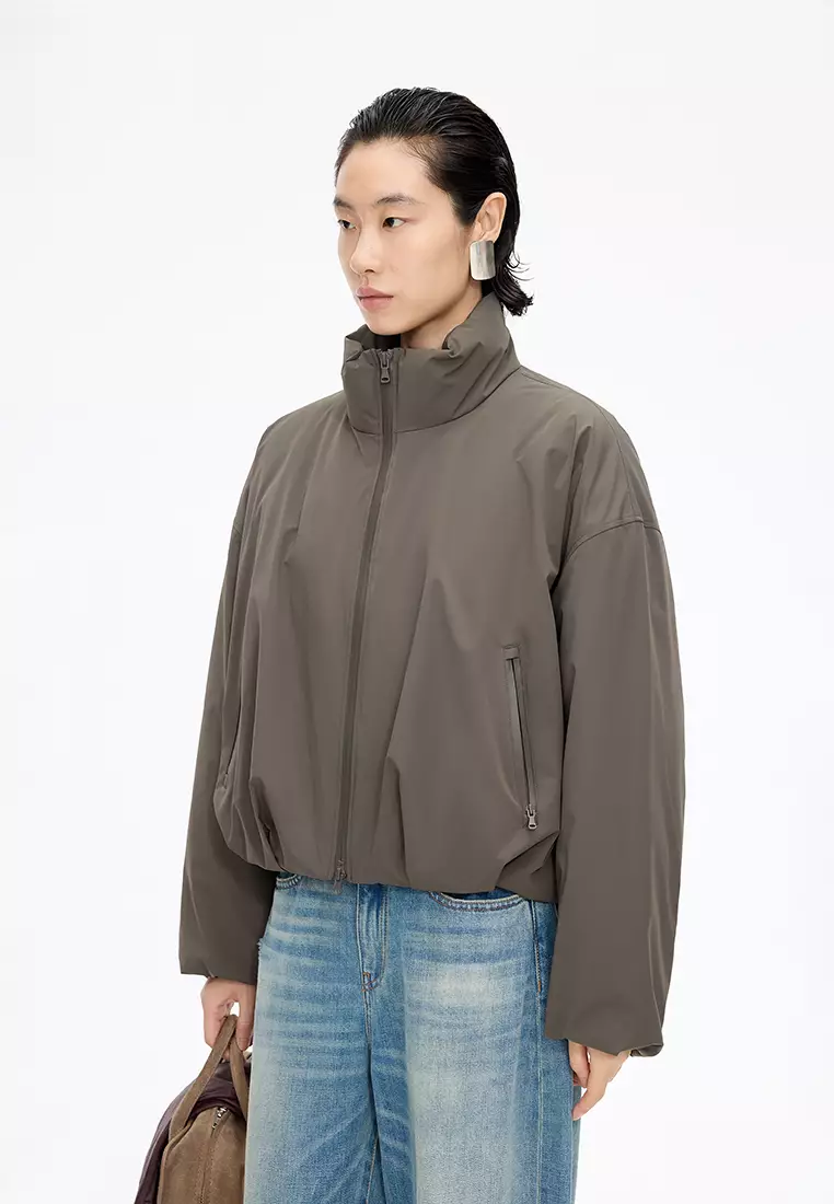 混紡90白鴨絨波浪形切線抽繩O型寬鬆短款羽絨服