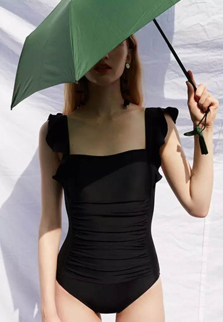 Sweet ruffled backless one-piece swimsuit A21071402BK