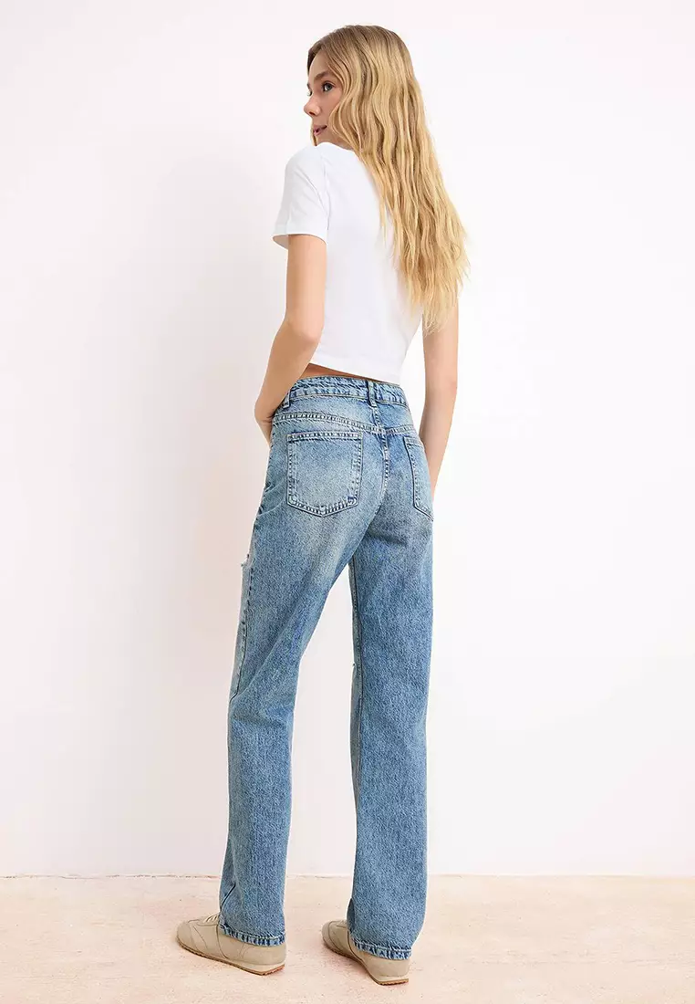 Blue High Waist Ripped Straight Jeans Twoss26Je7