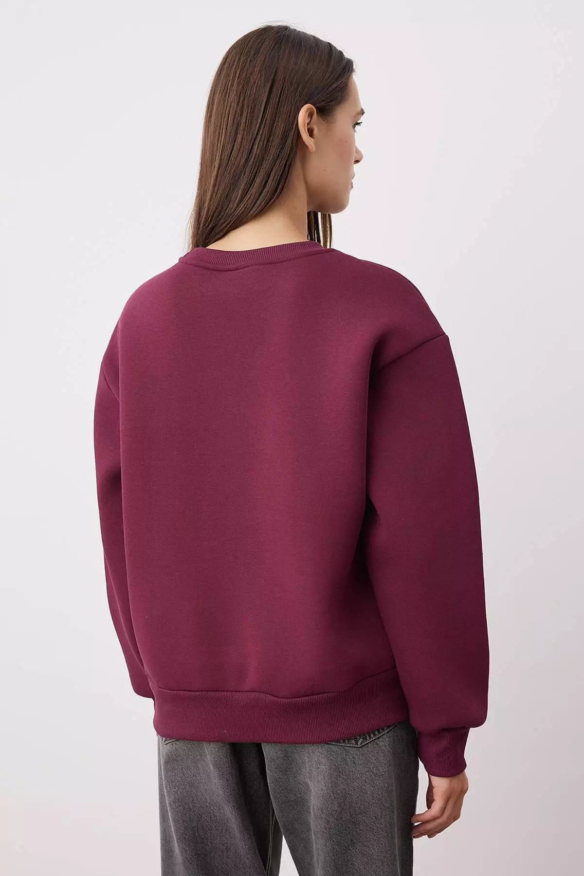 Plum Oversize/Wide Pattern Embroidery Detailed Thick Inside Polar Fleece Knitted Sweatshirt