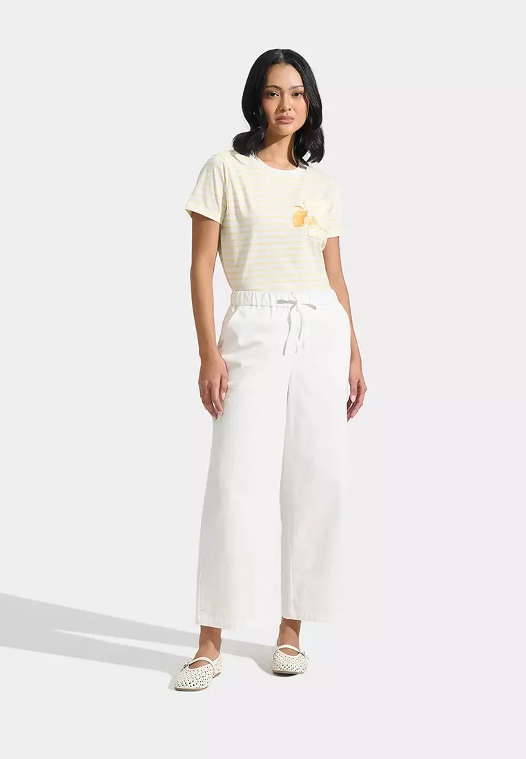 Embroidered Lemon Stripes Tee With Patch Pocket