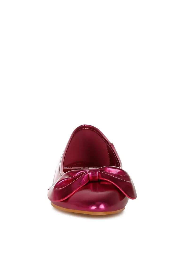 Metallic Pleather Bow Ballerinas in Fuchsia
