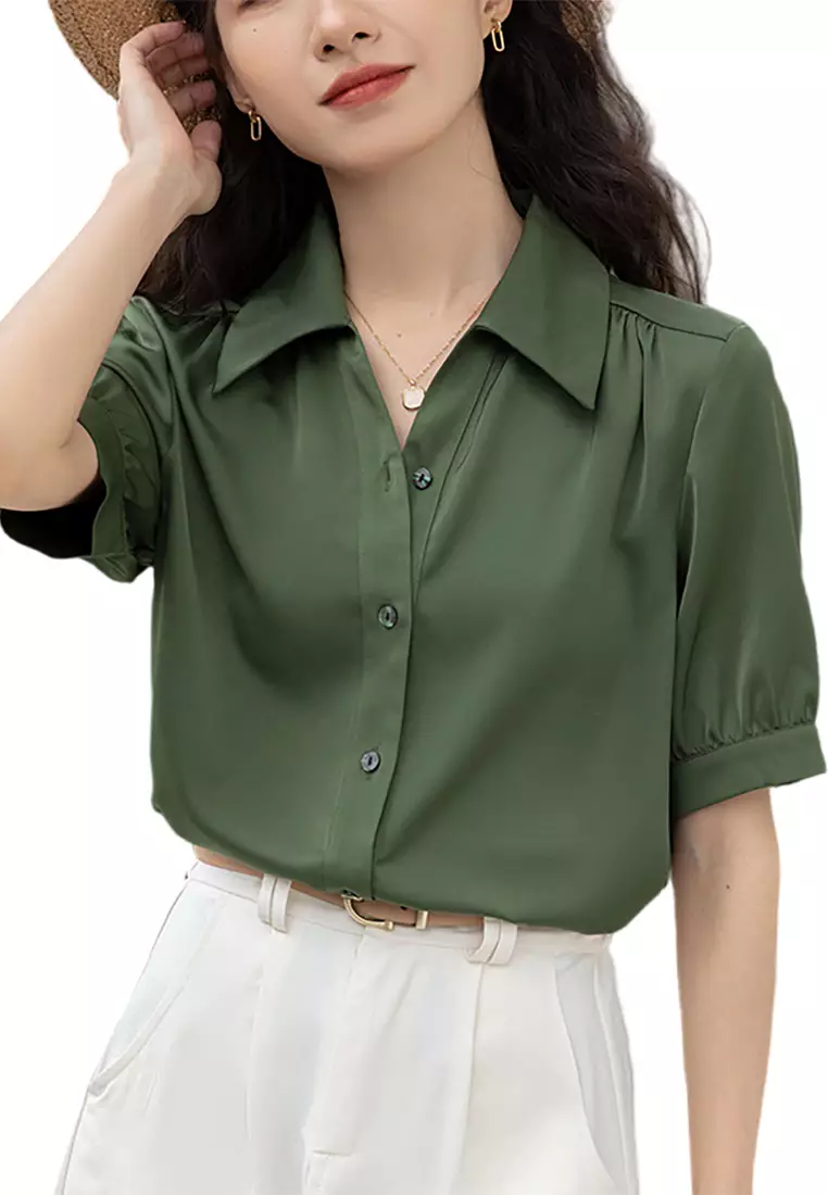 Lara Satin Solid Oversized Single-Breasted Gathered Shirt 2024