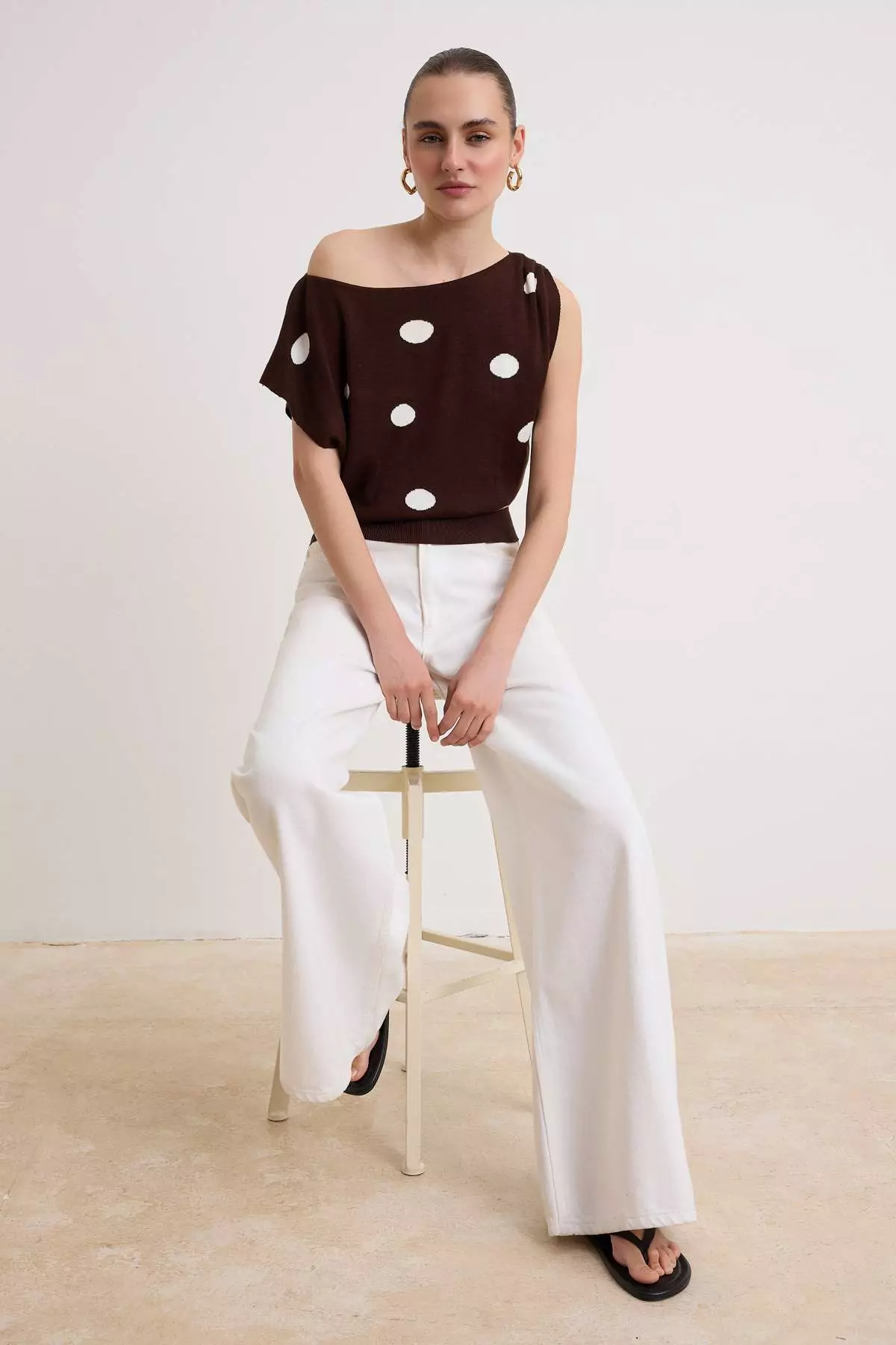 Brown Polka Dot Summer Special Yarn Boat Neck Waist Fitted Knitwear Blouse Twoss26Bz00313