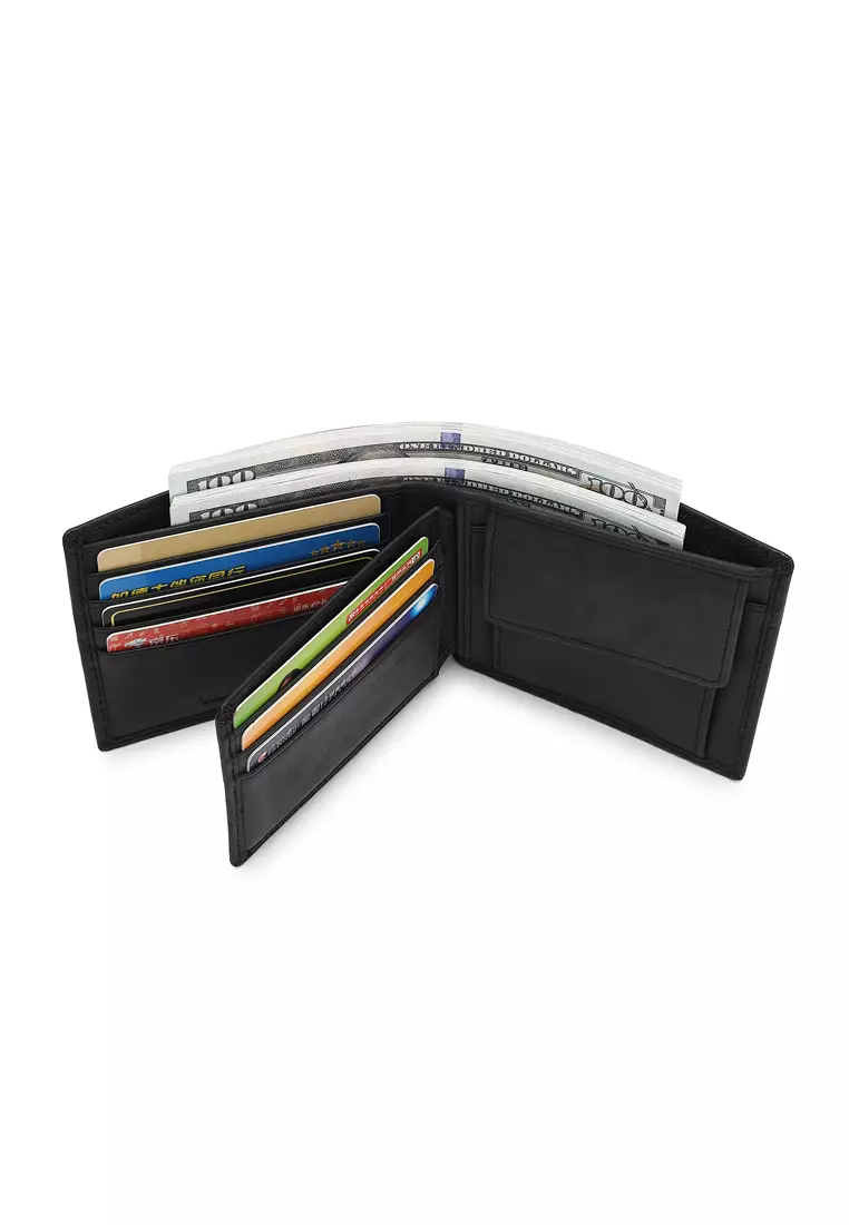 Men's RFID Genuine Leather Bi Fold Center Flap Short Wallet With Coin Compartment
