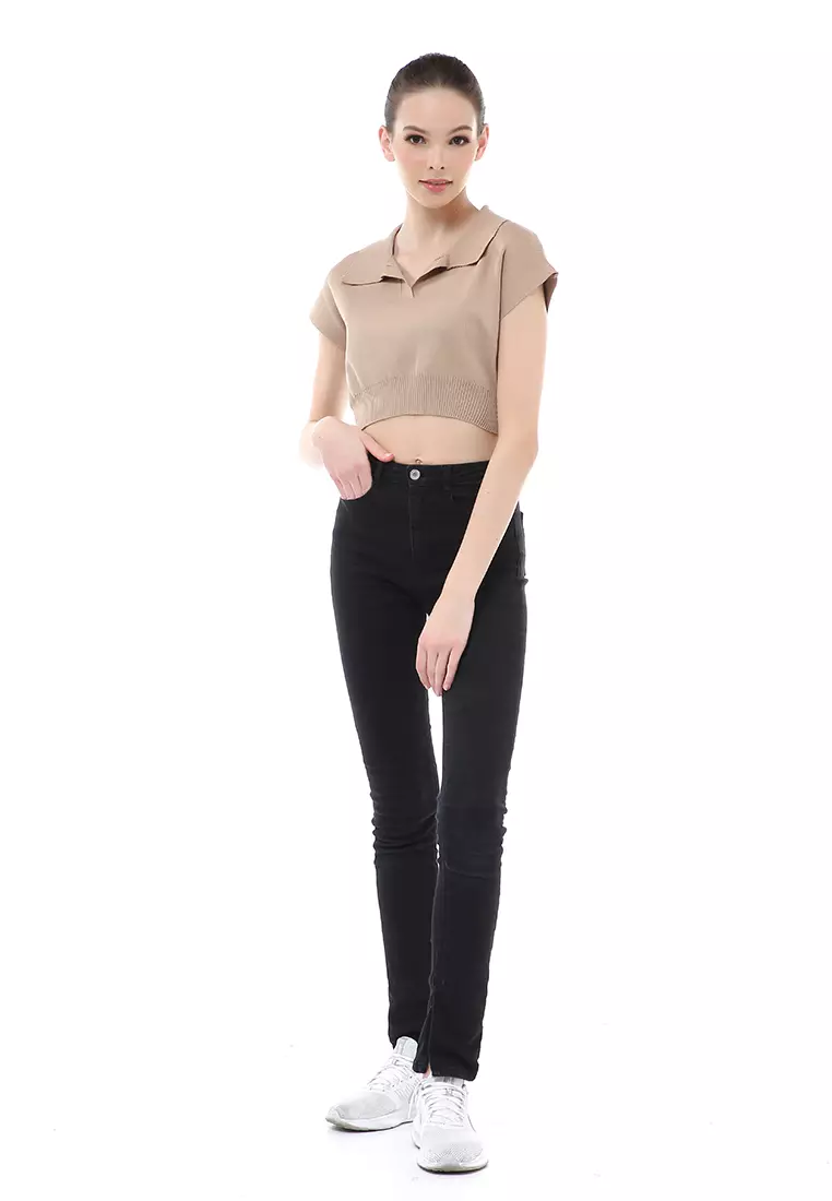 Albertine Atasan Crop Wanita Lengan Pendek Blouse Kerah Material Rajut ORIGINAL - Brown
