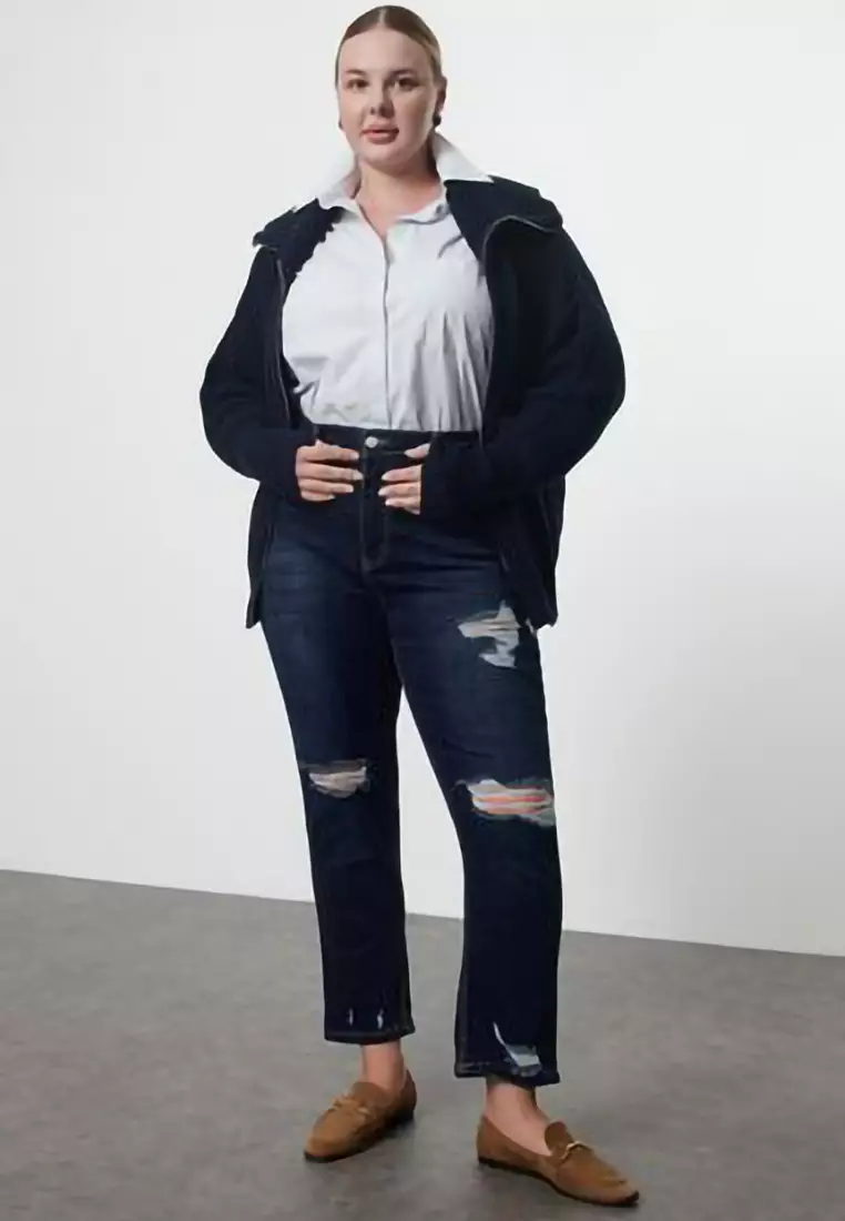 Navy Blue High Waist Ripped Detail Stretchy Skinny Jeans Tbbss22Je0187