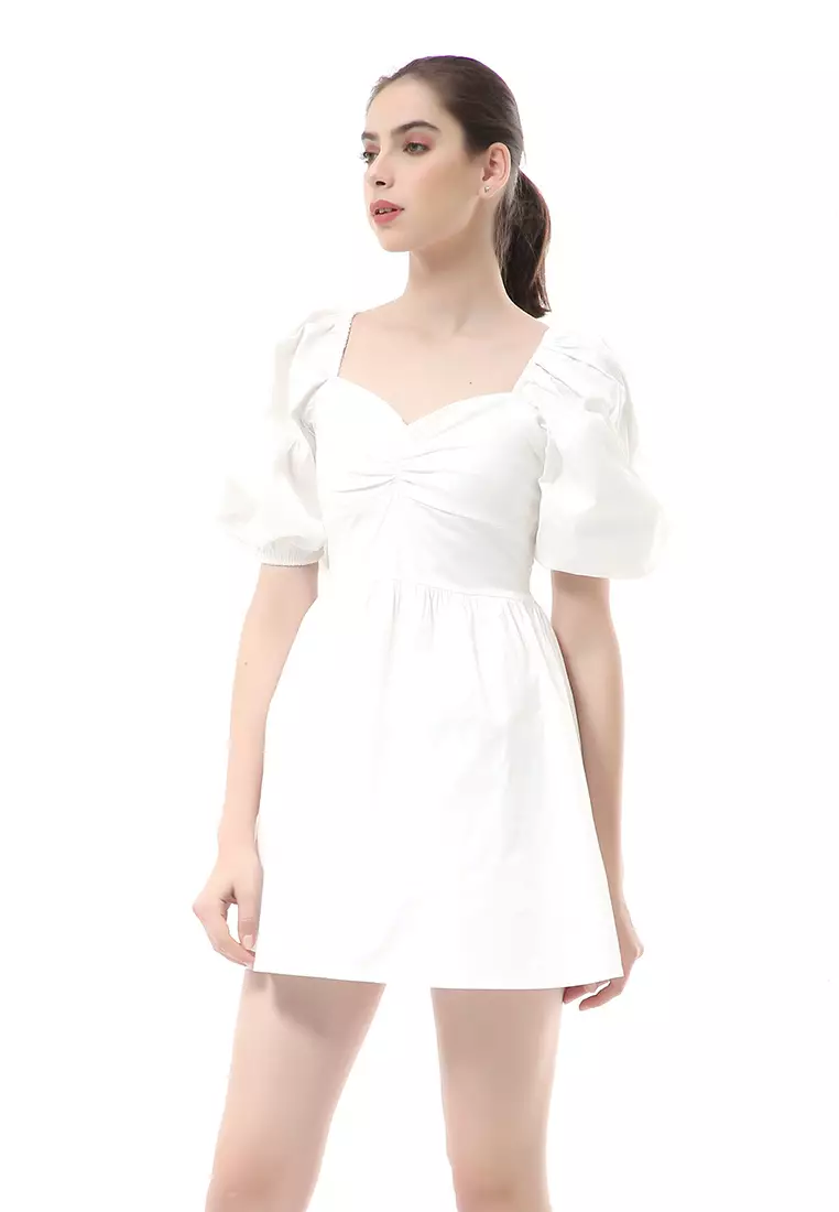 Rachel Dress Wanita Ballerina Pluffy Baloon Sleeve Simple Elegant Material Cotton ORIGINAL - Broken White