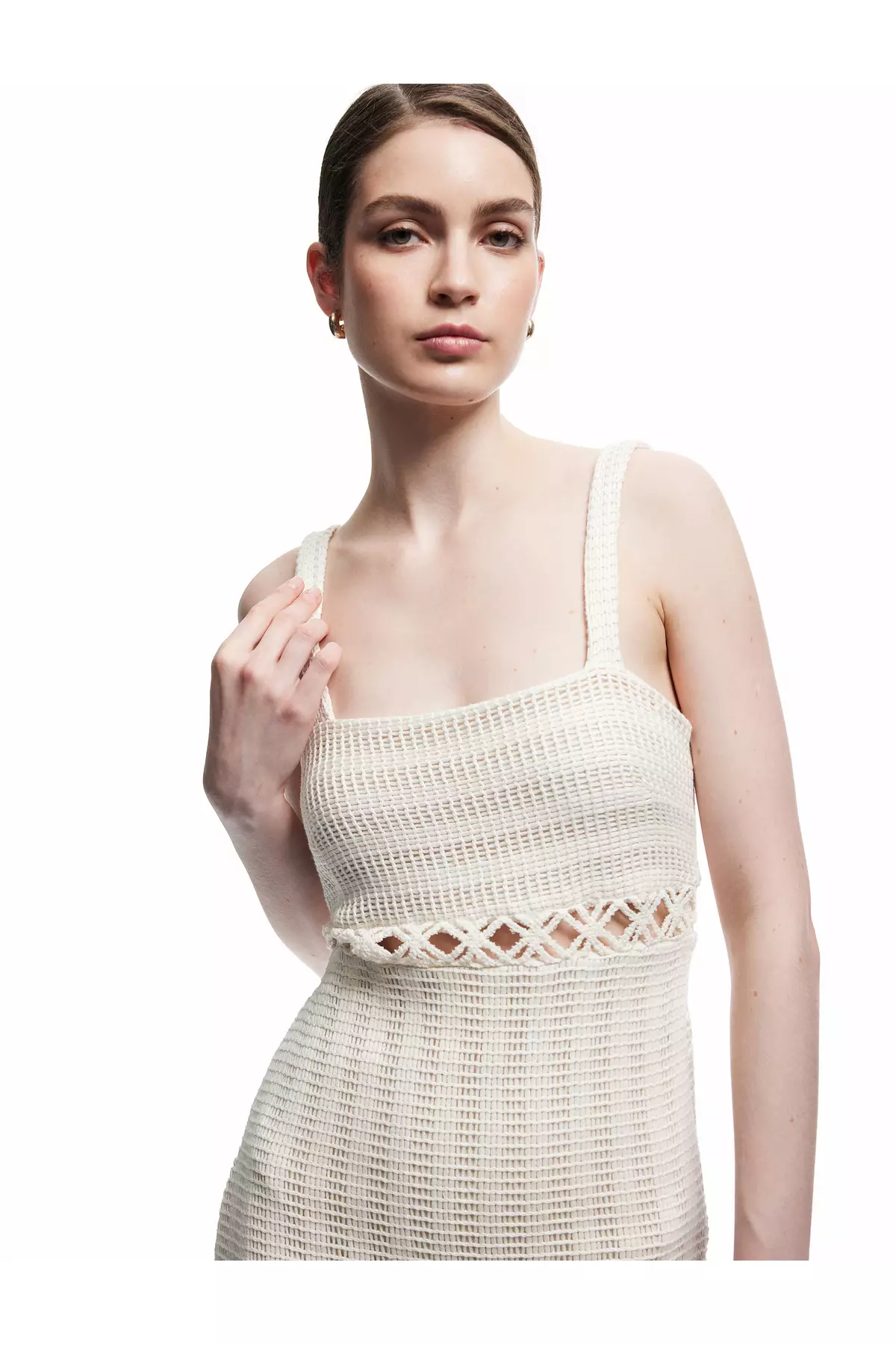 Slim Fit Square Neck Openwork Midi Length Crochet Dress With Tassels Straps