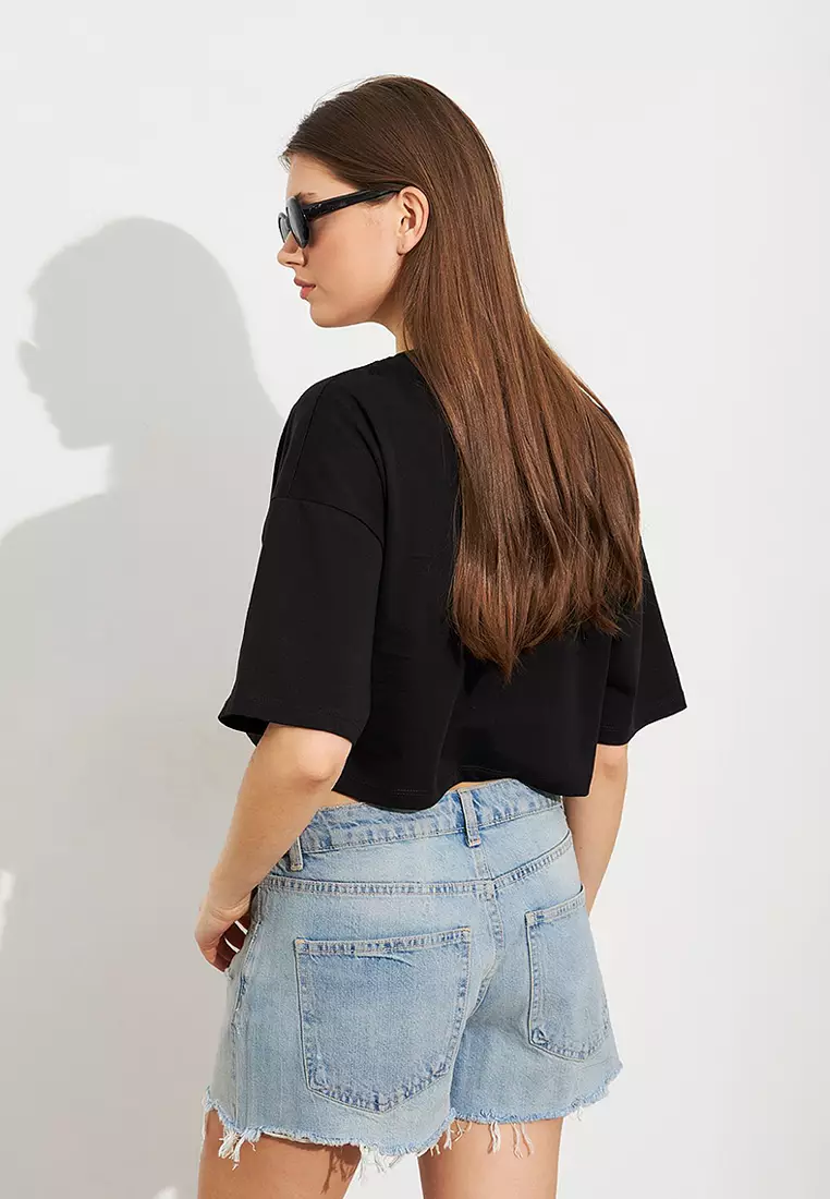 Teddy Bear Embroidered Crop T-Shirt