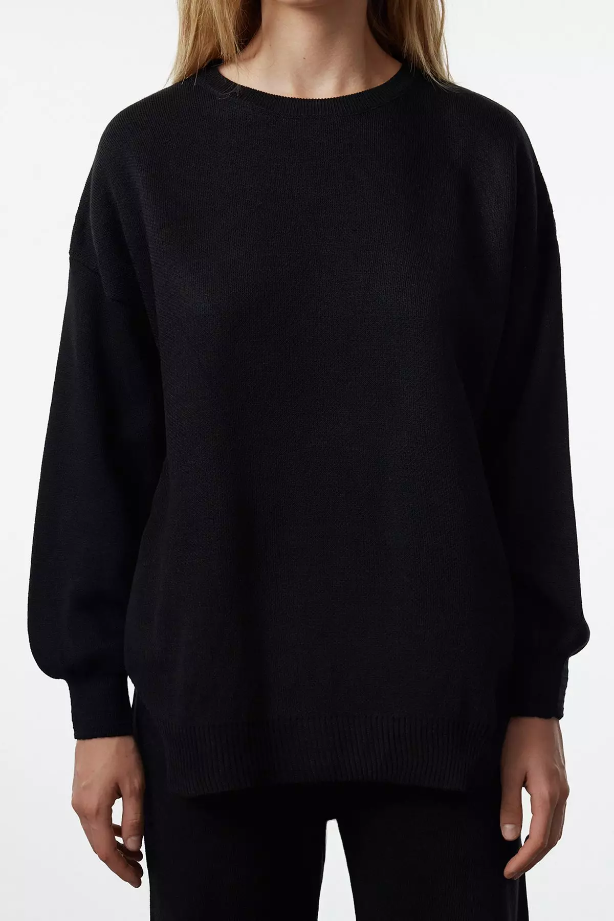 Black Wide Pattern Balloon Sleeve Knitwear Top-Bottom Set TWOAW24AU00067