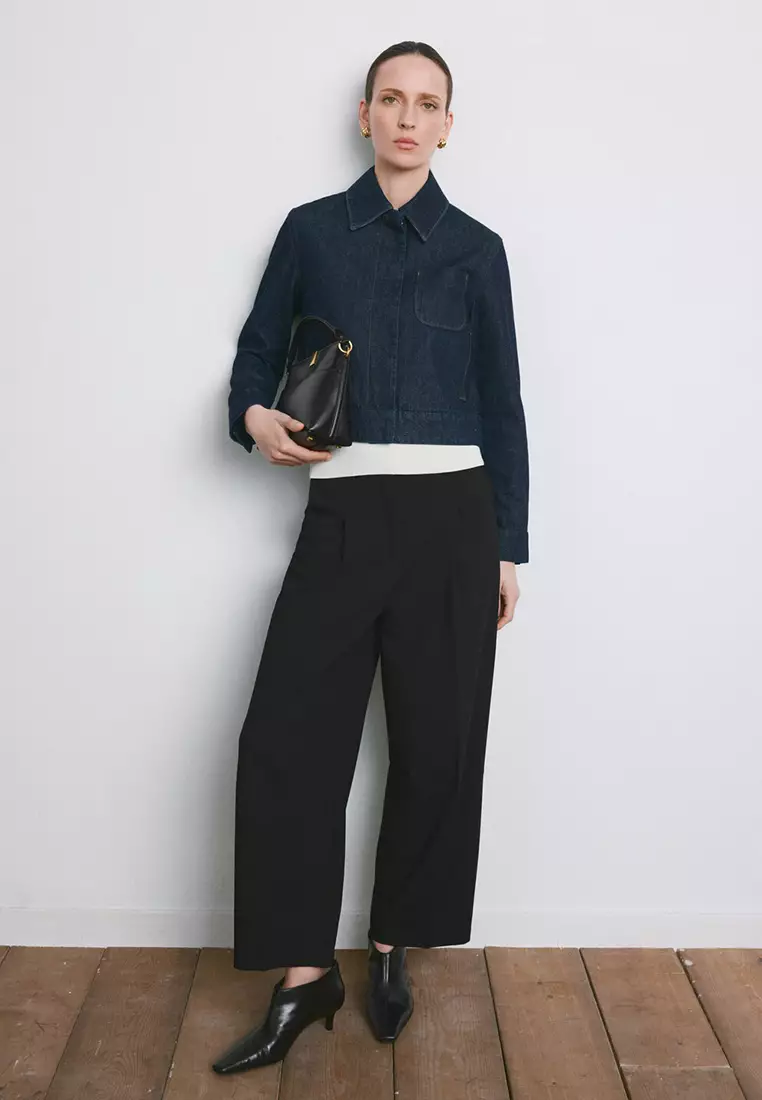 直管剪裁褶飾長褲