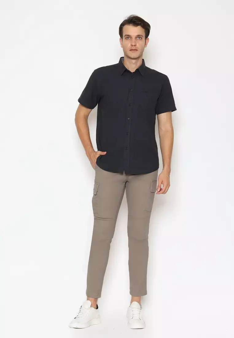 POLICE Celana Cargo Panjang Light Brown Slim Fit Cotton Premium Pria