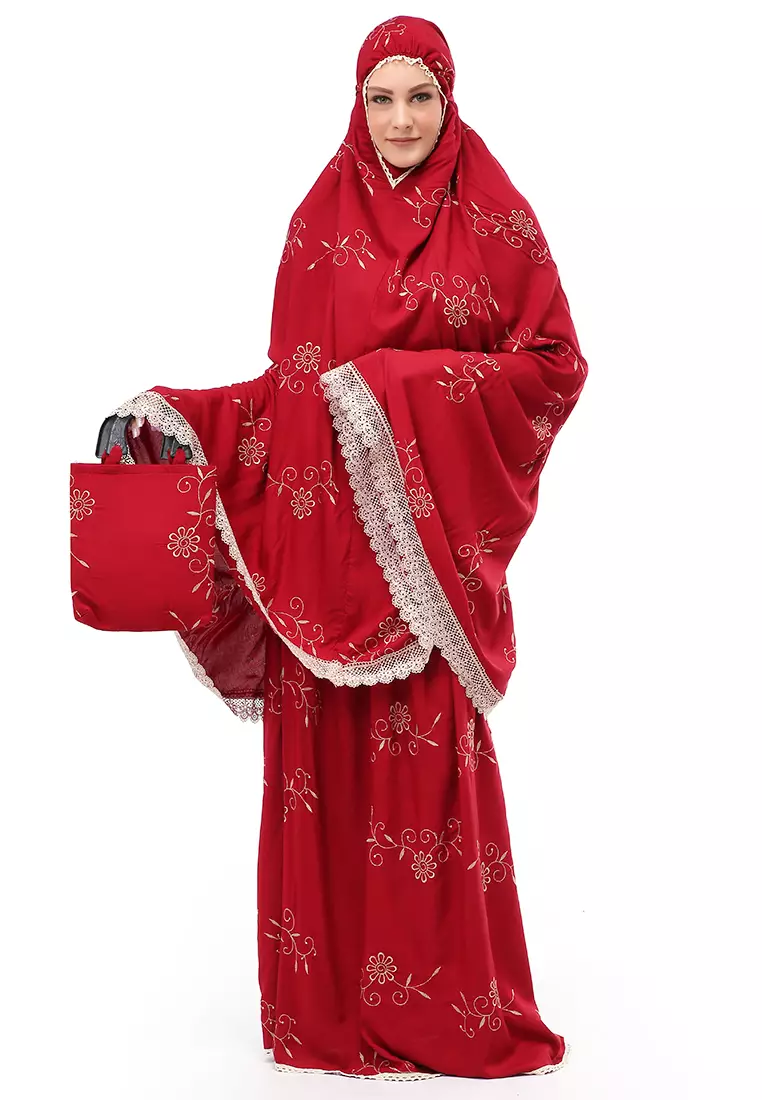 Hanjani Mukena Muslimah Atasan Bawahan Wanita Motif Bunga Relaxed Fit - Maroon