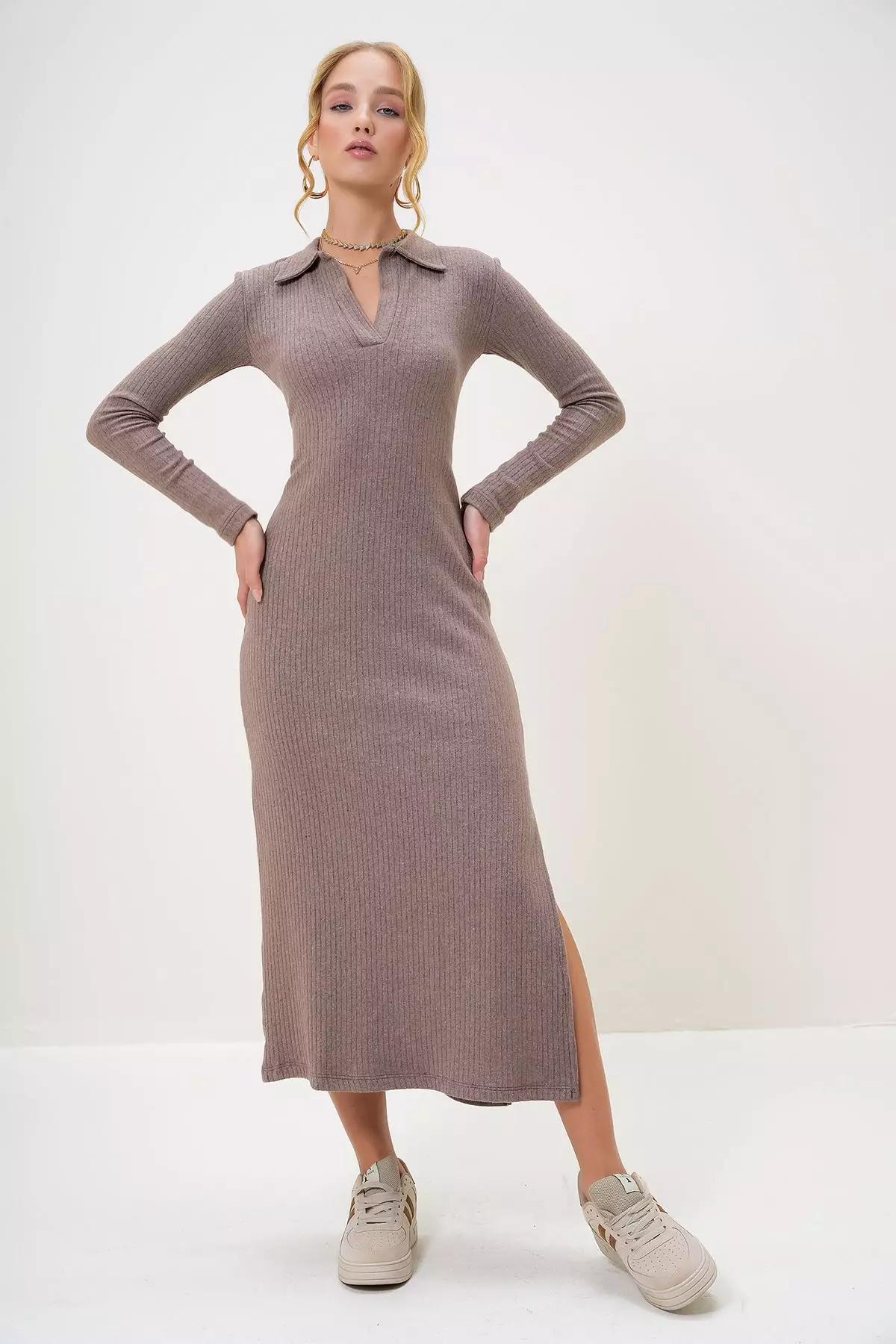 Women's Mink Polo Collar Half Placket Side Slit Interlock Fabric Dress