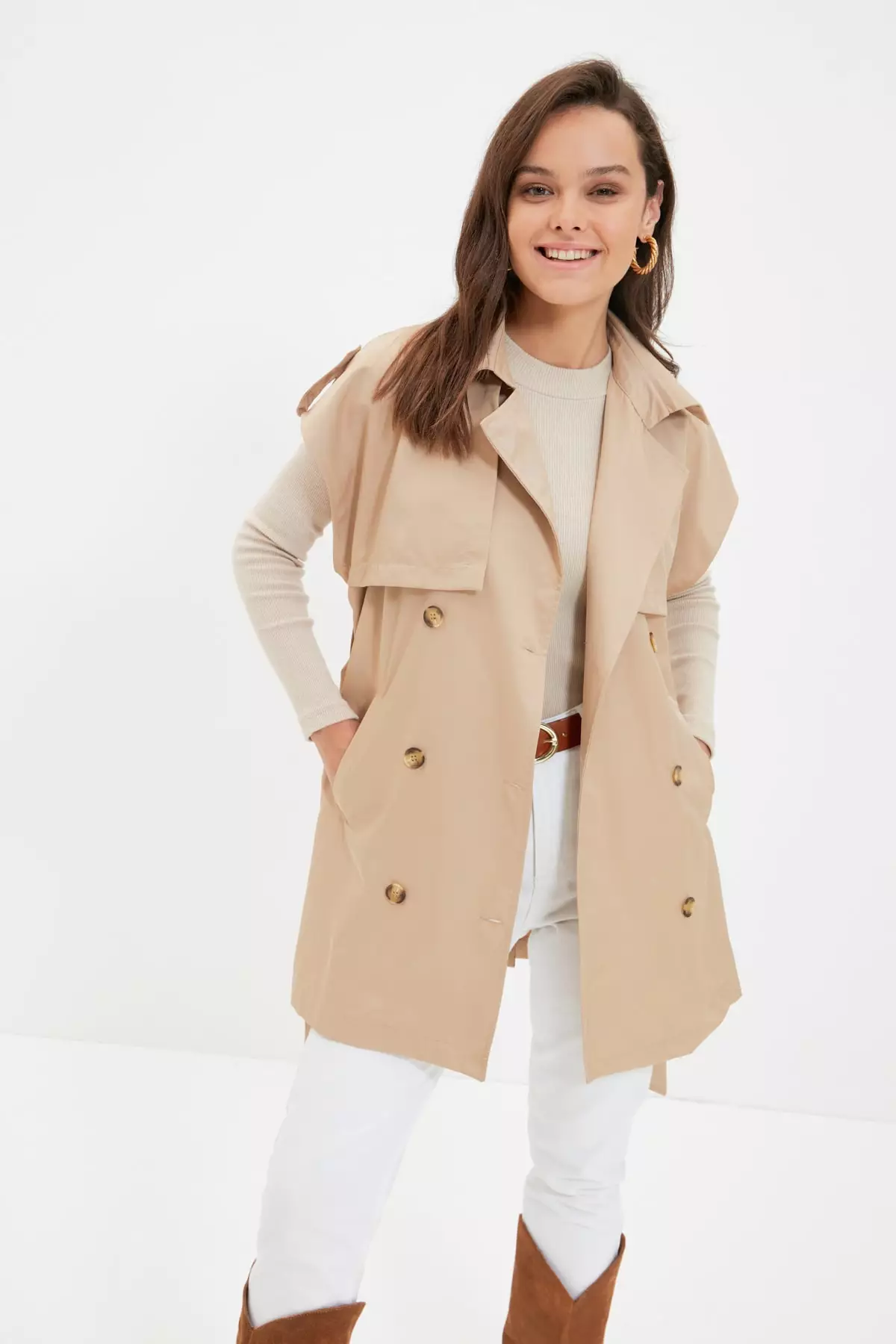 Waist trench top coat
