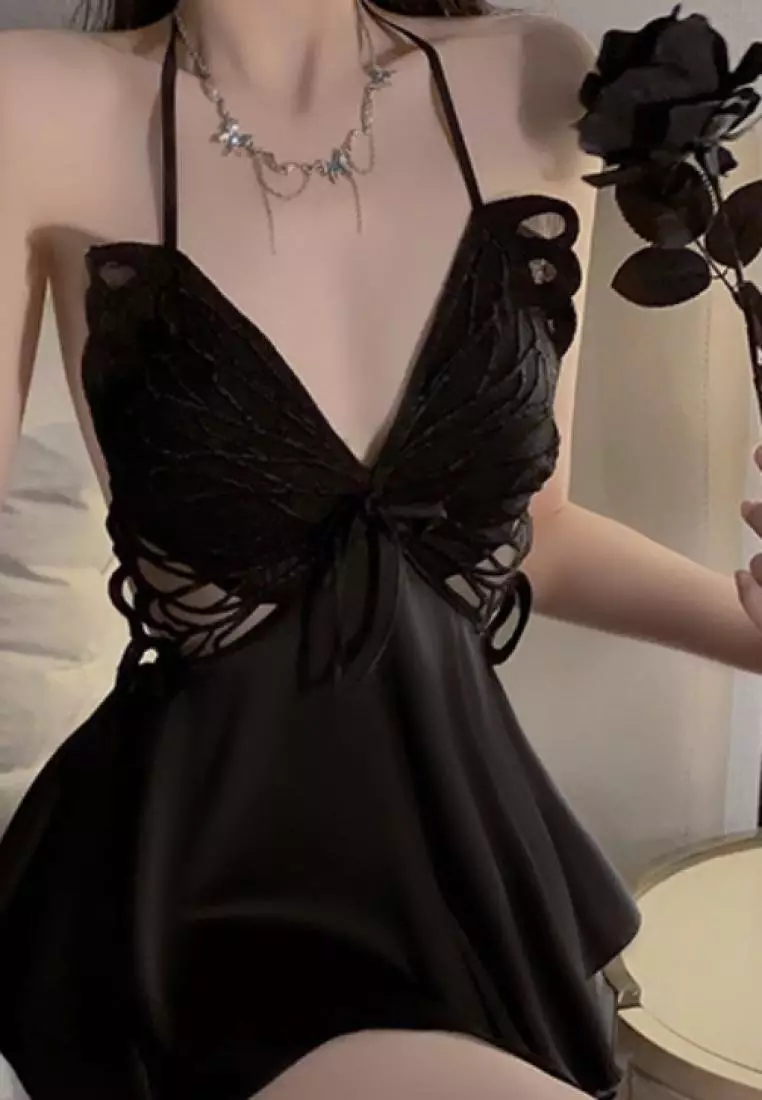 New style butterfly ice silk sling backless pajamas nightdress Lingerie K062601BK