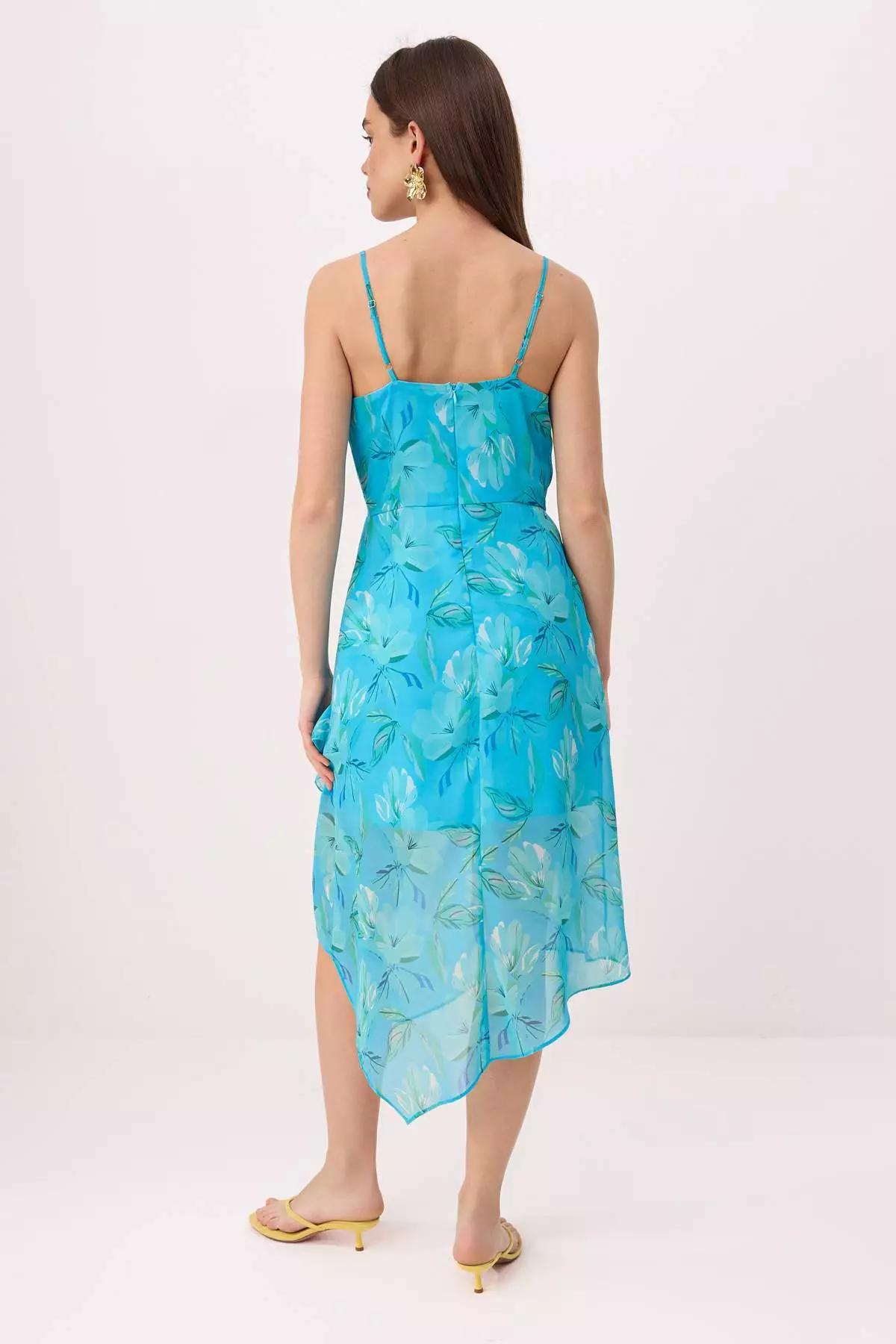 Blue-Multicolor Floral Ruffle Chiffon Lined Midi Woven Dress Twoss26El322