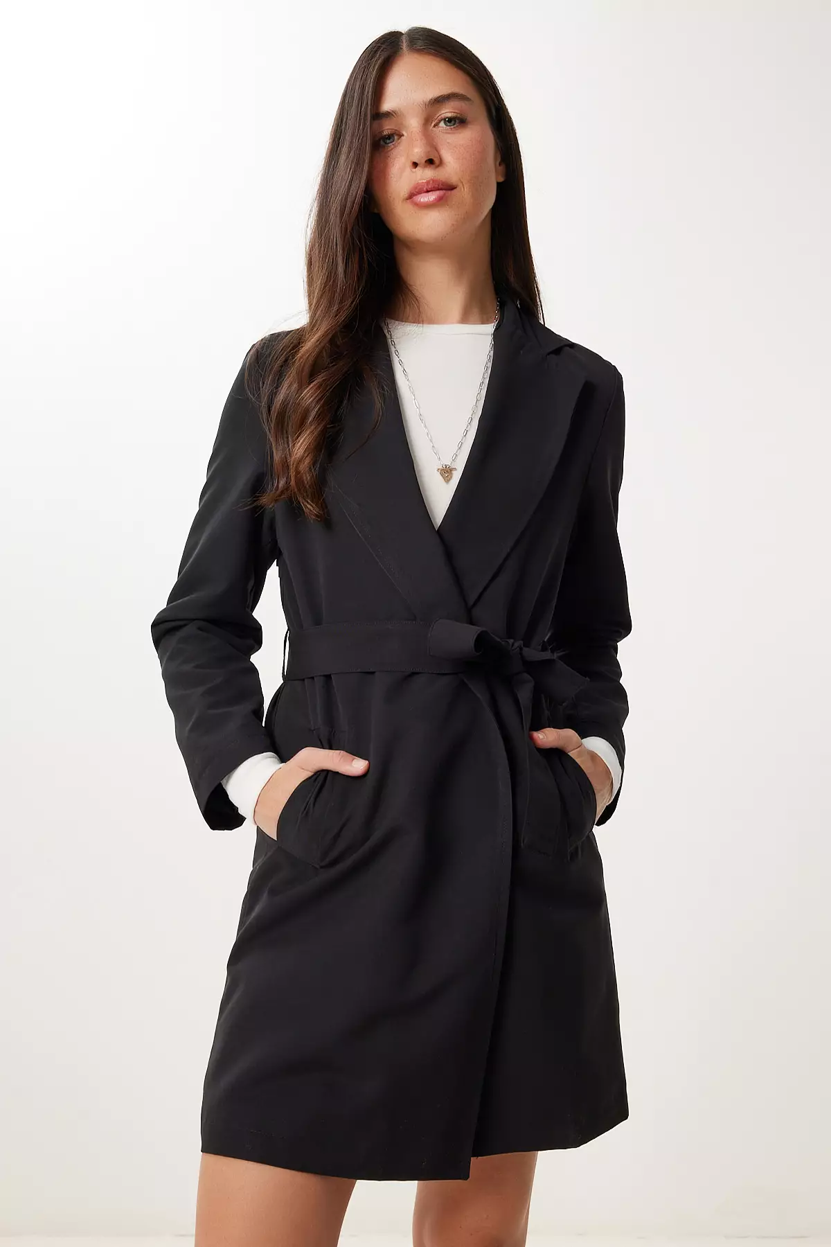 Women's Black Belted Short Woven Trench Coat Gp00027
