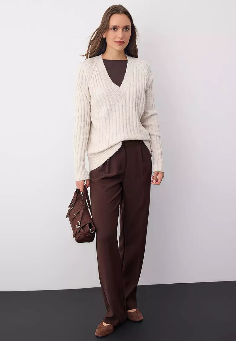Wardrobe Essentials Stone Soft Textured Ribbed Knit Sweater