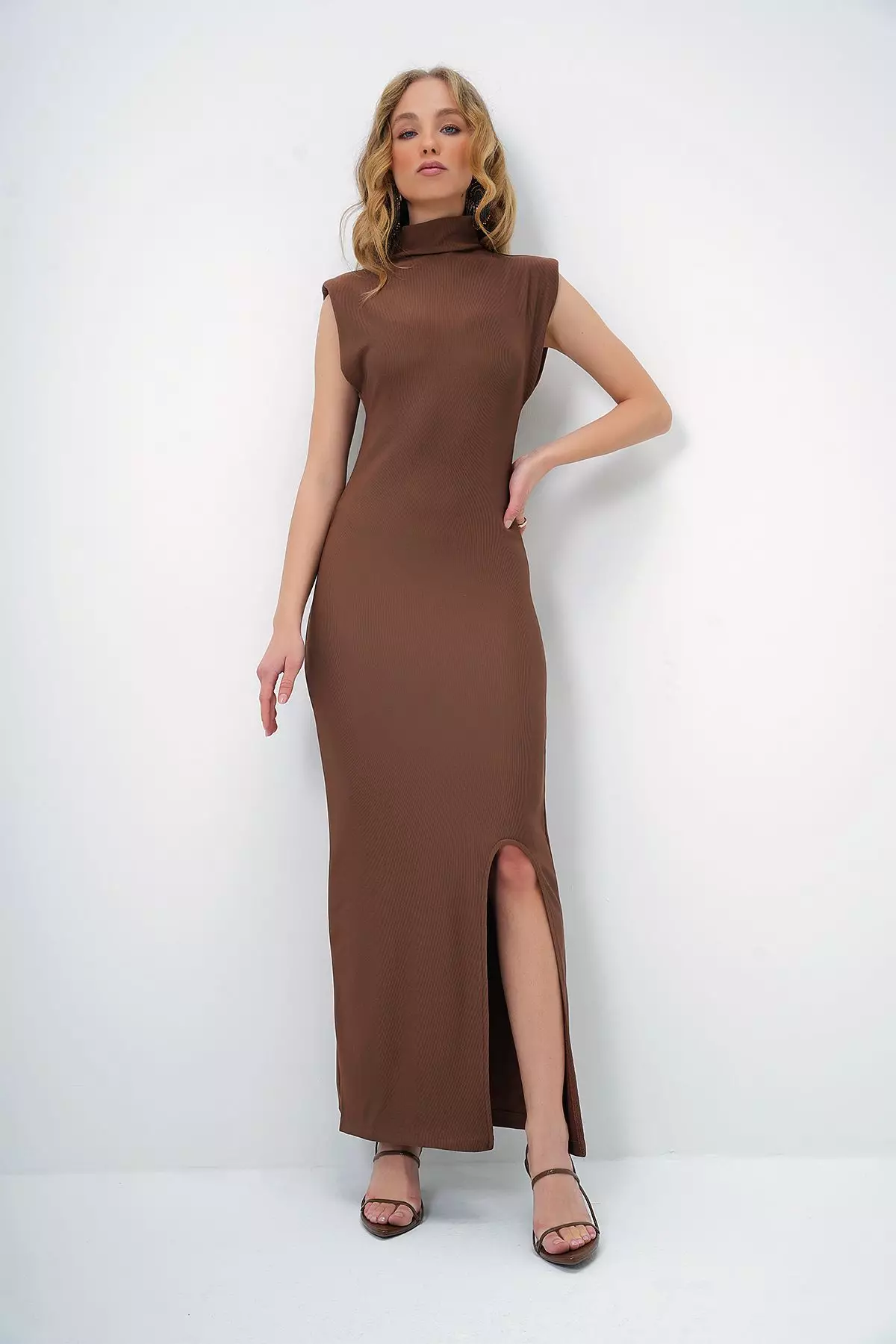 Women's Brown Stand Collar Padded Sleeveless Midi Length Slit Dress